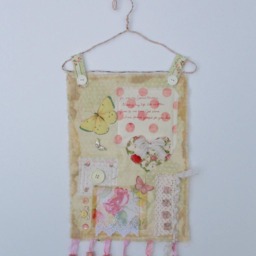 Quilted Mother's Day Wall Hanging/Shabby Chic Pink Rose Butterflies Fiber Art Quilt - thumbnail 2