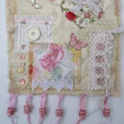 Quilted Mother's Day Wall Hanging/Shabby Chic Pink Rose Butterflies Fiber Art Quilt - thumbnail 3