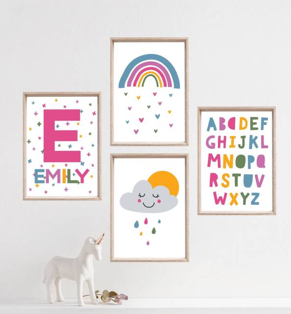 Set Of 4 Girls Nursery Prints, Bedroom Rainbow Wall Art, Playroom Art - image 1