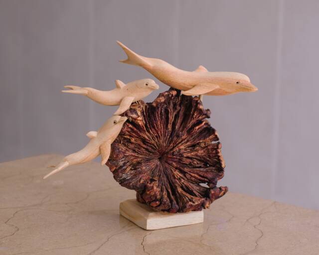 Wooden Dolphin Family Sculpture, Parasite Wood Statue, Figurine, Burl Wood, Little Decor, Unique Art, Table Gift For Mom - image 1