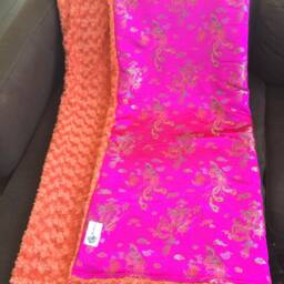 "Hot Pink Dragon & Phoenix & Orange Minky Brocade Throw Blanket, ""Miss Leah" - thumbnail 2