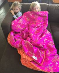 "Hot Pink Dragon & Phoenix & Orange Minky Brocade Throw Blanket, ""Miss Leah" - thumbnail 1