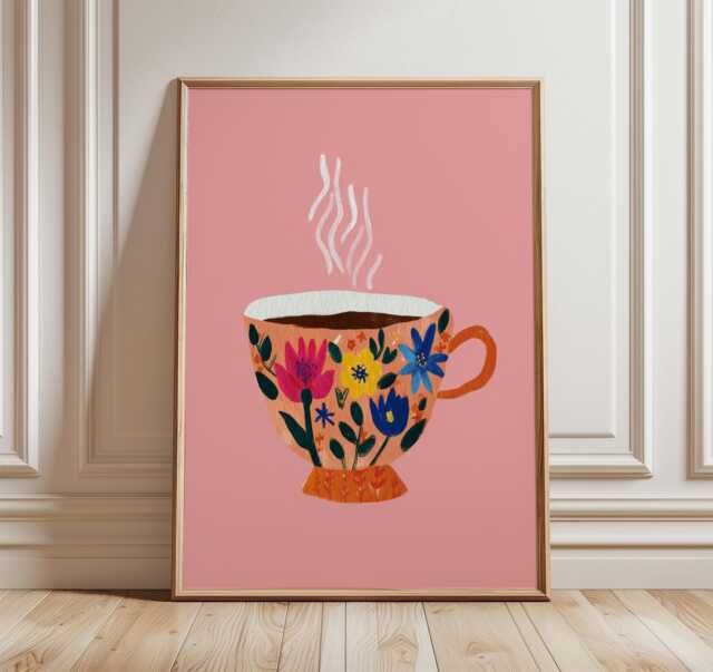 Floral Teacup Poster, Pink Kitchen Wall Art, Colorful Modern Tea Print, Cozy Coffee Bar Decor - image 1