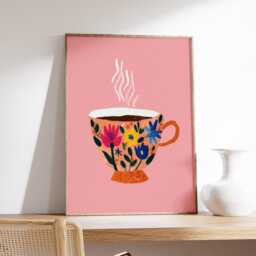 Floral Teacup Poster, Pink Kitchen Wall Art, Colorful Modern Tea Print, Cozy Coffee Bar Decor - thumbnail 2