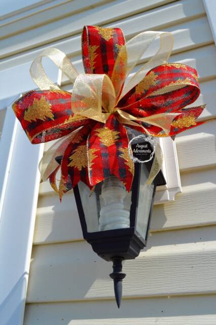 Christmas Swag Bow Red Buffalo Plaid, Gold Glitter Tree, Holiday Decor - image 1
