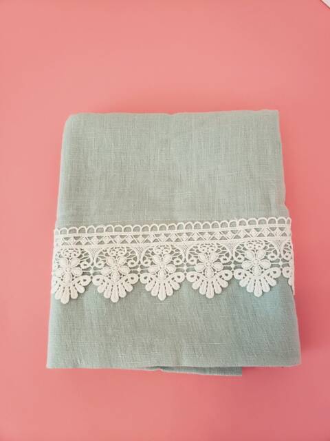 Linen & Lace Trimmed Standard/Queen Pillowcase Mint Green White 2 - image 1