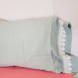 Linen & Lace Trimmed Standard/Queen Pillowcase Mint Green White 2 - thumbnail 4