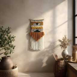 Handmade Woven Wall Hanging Orange Creme Fiber Art Tapestry - thumbnail 3