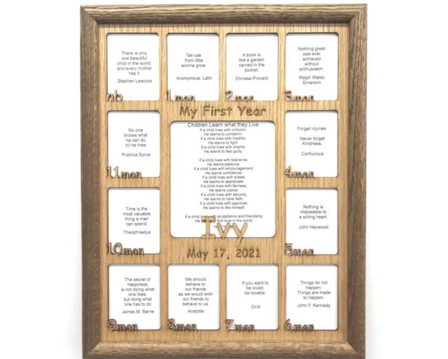 Personalized Baby First Year Name Picture Frame Oak - 11x14 Holds 2.5x3 & 5x7 Photos New Gift For Parents, 1st - image 1