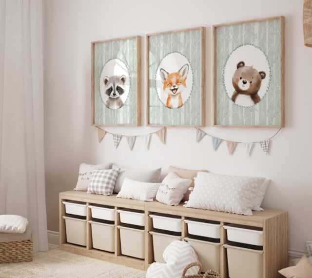 Woodland Nursery Prints, Decor, Wall Art, Set Of 3 Animals - image 1