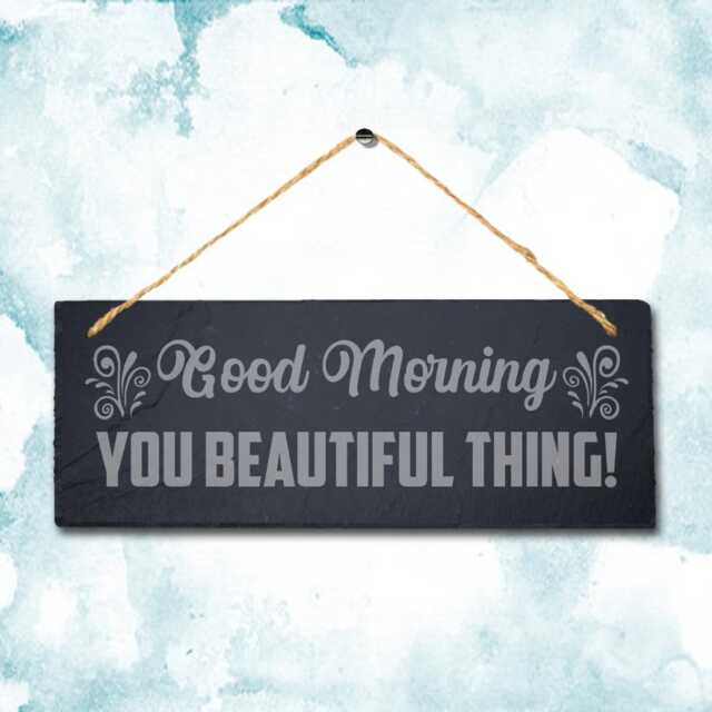 Good Morning Slate Sign Engraved Wall Art With Jute Rope - image 1