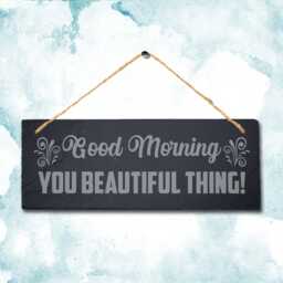 Good Morning Slate Sign Engraved Wall Art With Jute Rope