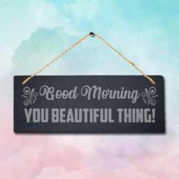 Good Morning Slate Sign Engraved Wall Art With Jute Rope - thumbnail 2