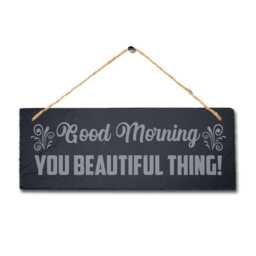 Good Morning Slate Sign Engraved Wall Art With Jute Rope - thumbnail 3