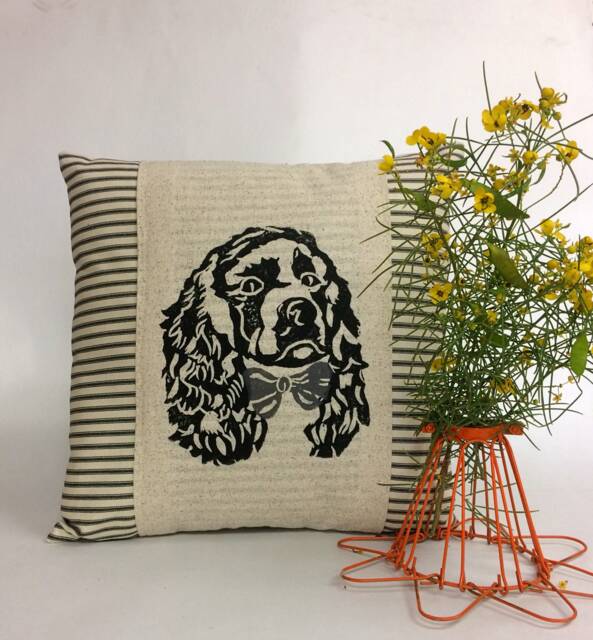 Hand Block Print Cocker Spaniel Pillow Cover Ticking Stripe Accent - image 1