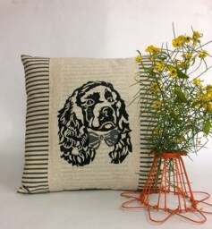 Hand Block Print Cocker Spaniel Pillow Cover Ticking Stripe Accent - thumbnail 1