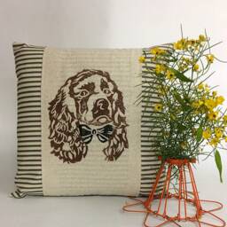 Hand Block Print Cocker Spaniel Pillow Cover Ticking Stripe Accent - thumbnail 2