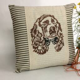 Hand Block Print Cocker Spaniel Pillow Cover Ticking Stripe Accent - thumbnail 3