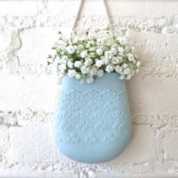 Blue Porcelain Flower Lace Hanging Wall Pocket, Ceramic Vase, Pottery Decor, Living With Flowers Everyday - thumbnail 3
