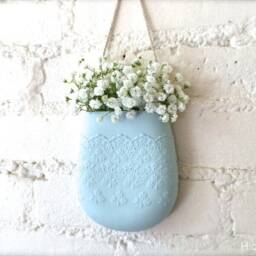 Blue Porcelain Flower Lace Hanging Wall Pocket, Ceramic Vase, Pottery Decor, Living With Flowers Everyday - thumbnail 4