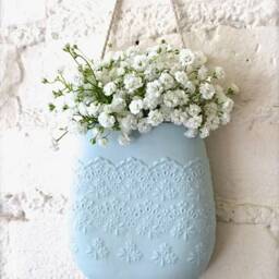 Blue Porcelain Flower Lace Hanging Wall Pocket, Ceramic Vase, Pottery Decor, Living With Flowers Everyday - thumbnail 2