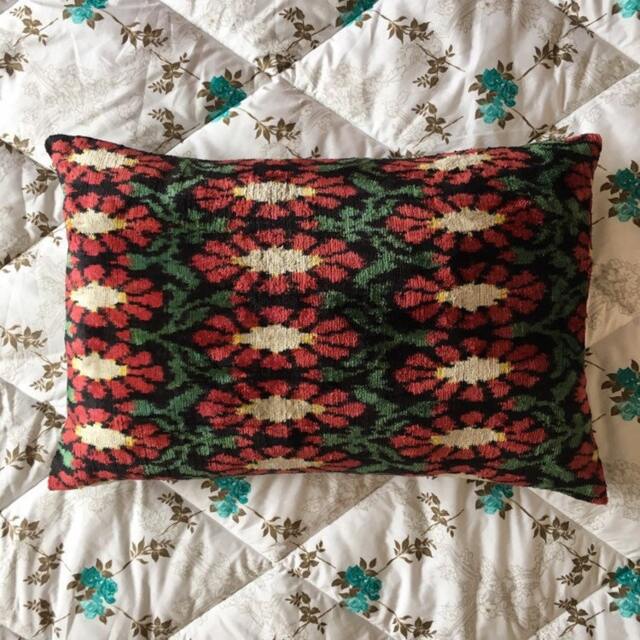 Red Daisy Flower Velvet Ikat Pillow - Popies in Bloom Uzbek Handwoven Silk Cushion Cover - image 1