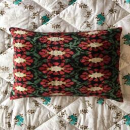 Red Daisy Flower Velvet Ikat Pillow - Popies in Bloom Uzbek Handwoven Silk Cushion Cover