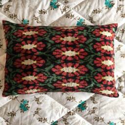 Red Daisy Flower Velvet Ikat Pillow - Popies in Bloom Uzbek Handwoven Silk Cushion Cover - thumbnail 4