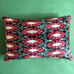 Red Daisy Flower Velvet Ikat Pillow - Popies in Bloom Uzbek Handwoven Silk Cushion Cover - thumbnail 2