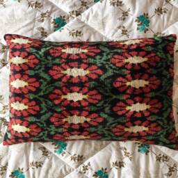 Red Daisy Flower Velvet Ikat Pillow - Popies in Bloom Uzbek Handwoven Silk Cushion Cover - thumbnail 3
