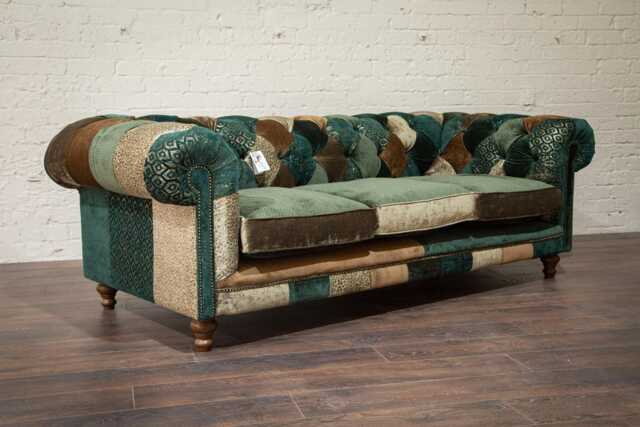 Chesterfield 3 Seater Sofa - Green Multicoloured Patchwork Fabric Couch British Handmade Living Room Furniture UK Usa - image 1
