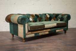 Chesterfield 3 Seater Sofa - Green Multicoloured Patchwork Fabric Couch British Handmade Living Room Furniture UK Usa