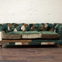 Chesterfield 3 Seater Sofa - Green Multicoloured Patchwork Fabric Couch British Handmade Living Room Furniture UK Usa - thumbnail 2