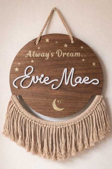 Personalised Wooden Name Sign - Boho Nursery Wall Decor, Macrame Fringe, UK Handmade - image 1