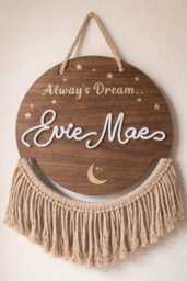 Personalised Wooden Name Sign - Boho Nursery Wall Decor, Macrame Fringe, UK Handmade - thumbnail 1