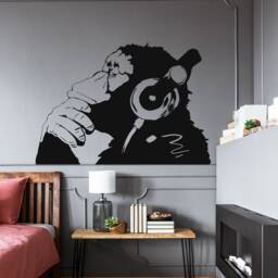Banksy Thinking Monkey Wall Sticker - Vinyl Art Print Dj Waterproof Thinker Smart Decal Street Thought Headphones Music Think Stickers - thumbnail 1