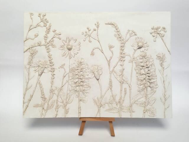 Tile Wild Flowers Mix Cast. Botanical Decorative Unique Plaster Wall Art Frame Wood Concrete Impression Eco Friendly - image 1