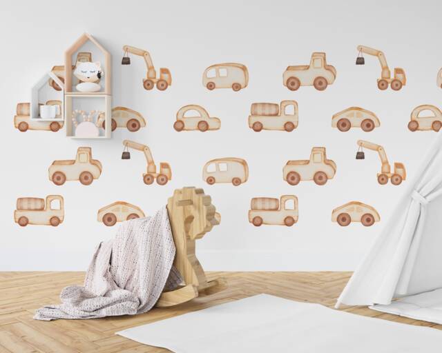 Wooden Cars & Trucks Wall Decals - Nursery Decor, Watercolor Art Stickers - image 1