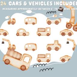 Wooden Cars & Trucks Wall Decals - Nursery Decor, Watercolor Art Stickers - thumbnail 3