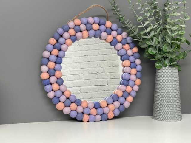 Medium Circular Hanging Pom Pom Mirror, Pastel Purple, Lilac, Pale Pink, Rainbow Poms, Playroom, Nursery Decor - image 1