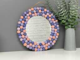 Medium Circular Hanging Pom Pom Mirror, Pastel Purple, Lilac, Pale Pink, Rainbow Poms, Playroom, Nursery Decor