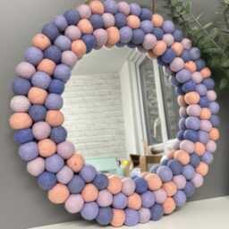 Medium Circular Hanging Pom Pom Mirror, Pastel Purple, Lilac, Pale Pink, Rainbow Poms, Playroom, Nursery Decor - thumbnail 3