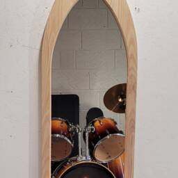 Unusual Gothic Arch Shaped Solid Wooden English Ash Full Length Wall Mirror & Shelf 130 cm Long Hand Made - thumbnail 2