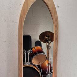 Unusual Gothic Arch Shaped Solid Wooden English Ash Full Length Wall Mirror & Shelf 130 cm Long Hand Made - thumbnail 3