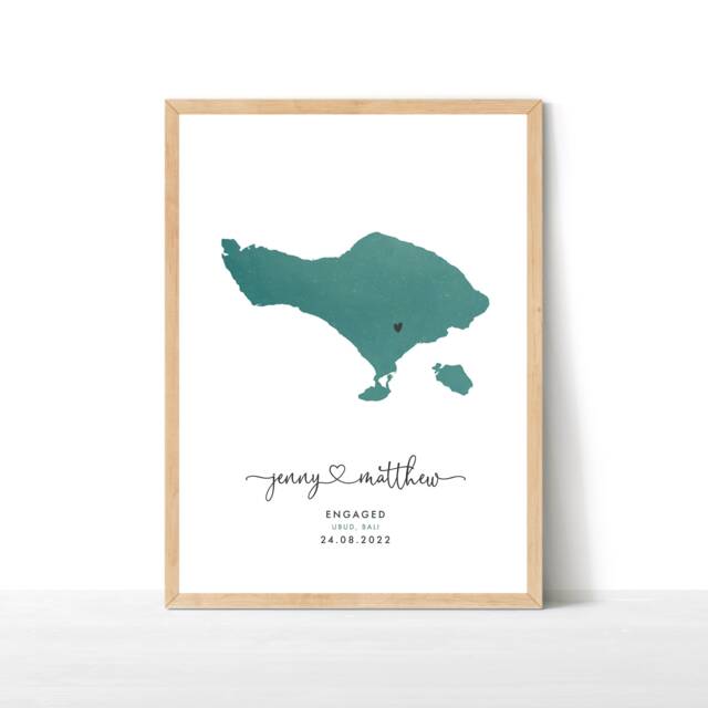 Any Place Engagement Map Print, Destination Travel Map, Personalised Gift, Watercolour Wedding Bali Print - image 1