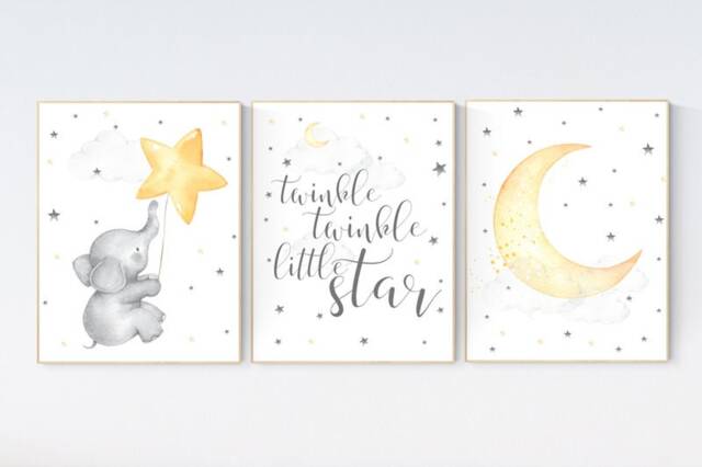 Elephant Nursery Art Print Twinkle Star, Moon, Gender Neutral Decor - image 1