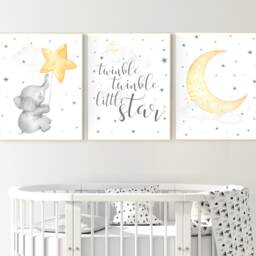 Elephant Nursery Art Print Twinkle Star, Moon, Gender Neutral Decor - thumbnail 2
