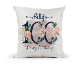 Personalised 100Th Special Birthday Cushion Navy & Peach Floral Mum, Nan, Friend, Sister Gift - thumbnail 1