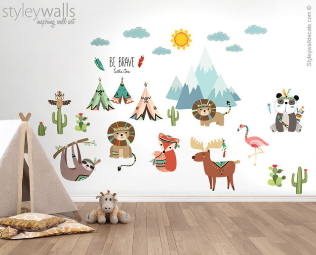 Tribal Animals Wall Decal, Mountain Teepee Panda Lion Deer Fox Owl Cactus Nursery Decor - image 1