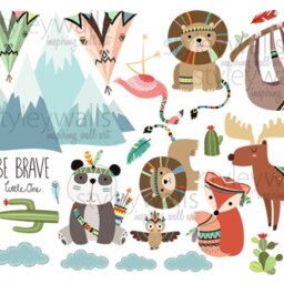 Tribal Animals Wall Decal, Mountain Teepee Panda Lion Deer Fox Owl Cactus Nursery Decor - thumbnail 3